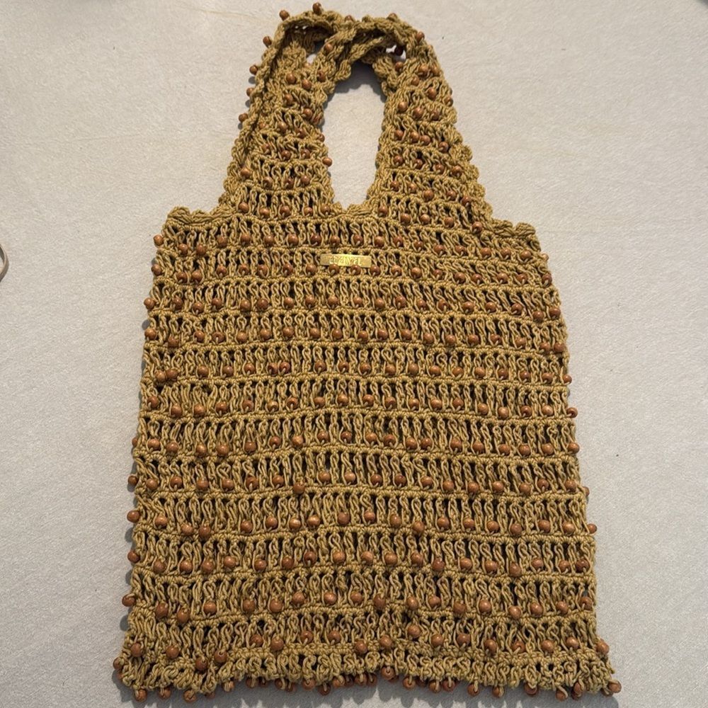 Aava Khaki Brown Beaded Open Knit Crochet Double Handle Market Beach Boho Tote